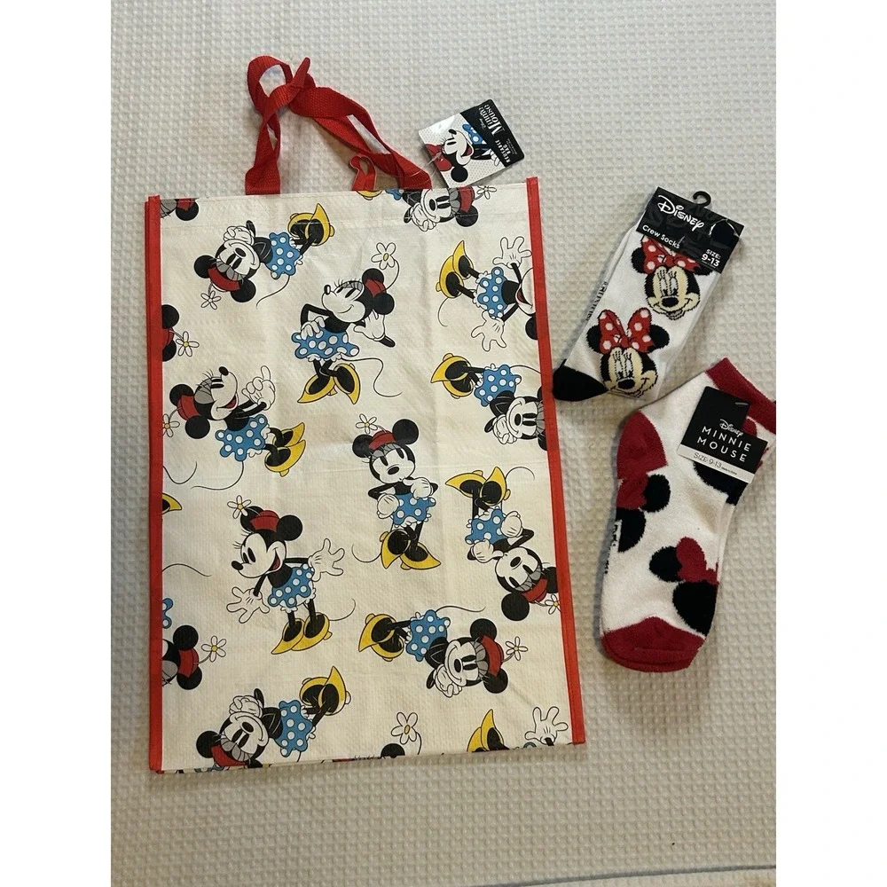 Disney - NEW - Minnie Mouse - Crew Socks (Set Of 2) + NEW Reusable Minnie Tote